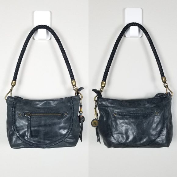 The Sak Y2K 90s Black Leather Zip Top Bohemian Tassle Braid Handle Shoulder Bag - Picture 2 of 12